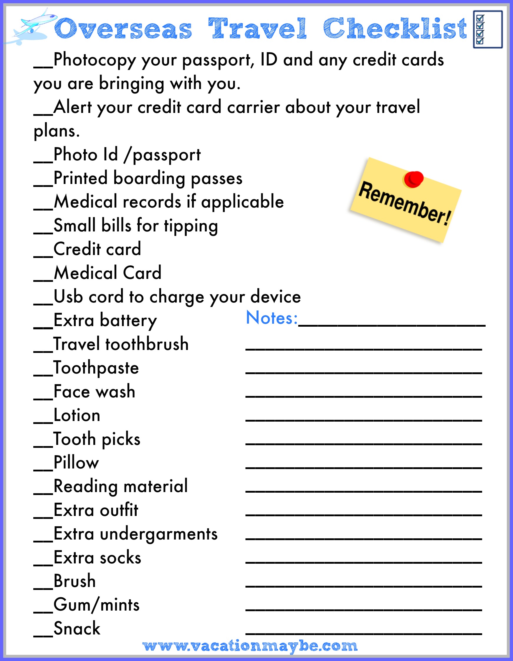 Free Printable Overseas Travel Checklist - VacationMaybe
