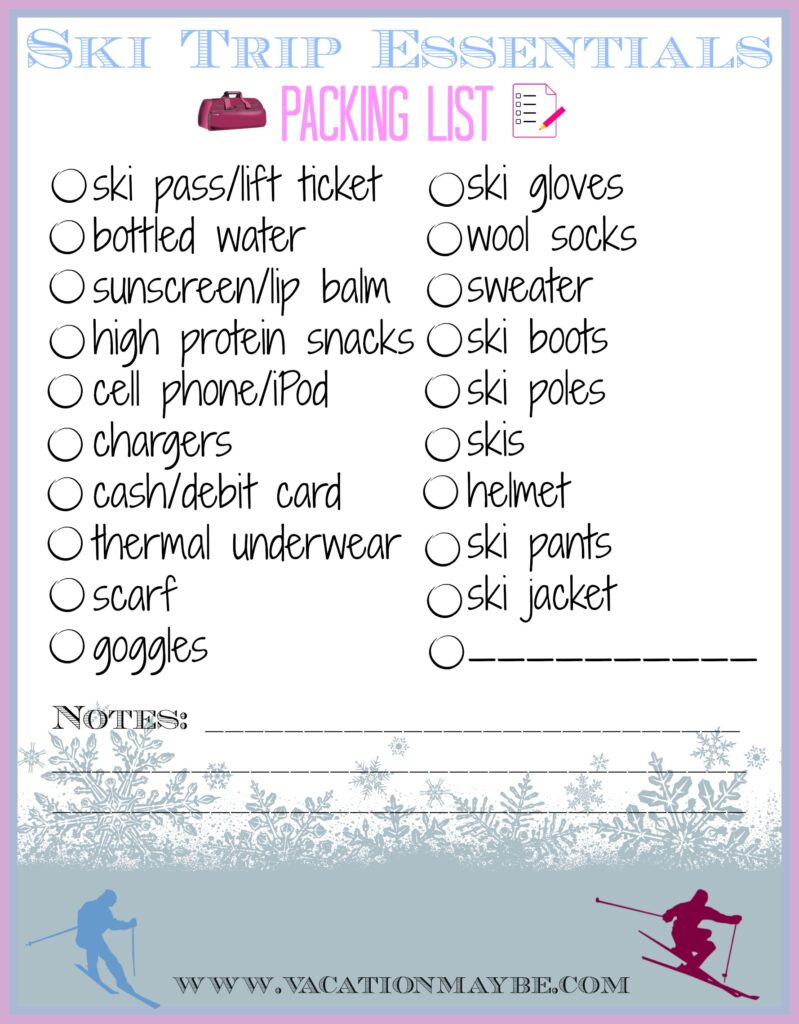 Printable ski trip packing list includes all the essentials for any ski trip